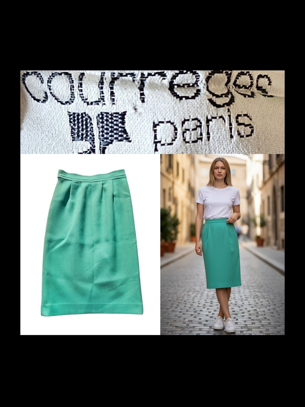 Vtg 70s Courreges France Hyperbole Mint Green Wool Pleat Pencil Skirt SzB US 6-8